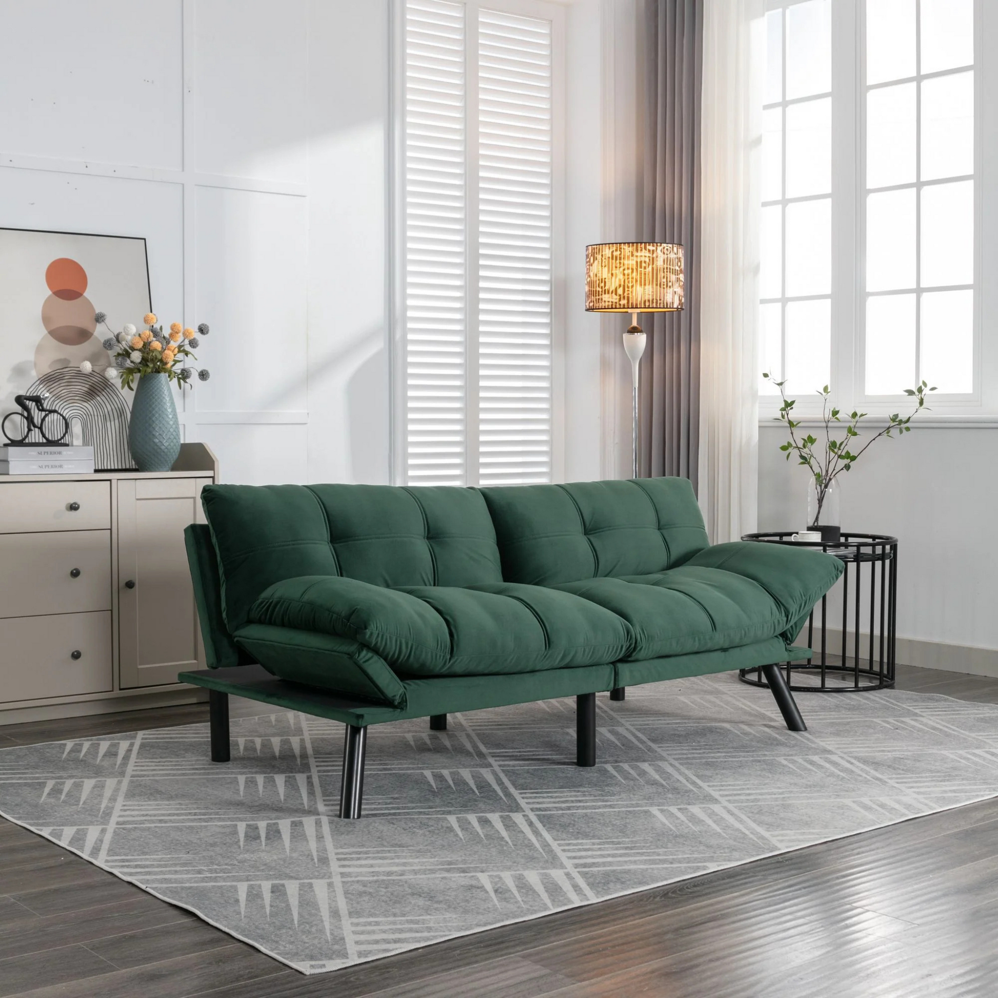 Retro folding backrest armless couch| Tufted Pillow backrest & seat cushions| Green velvet 