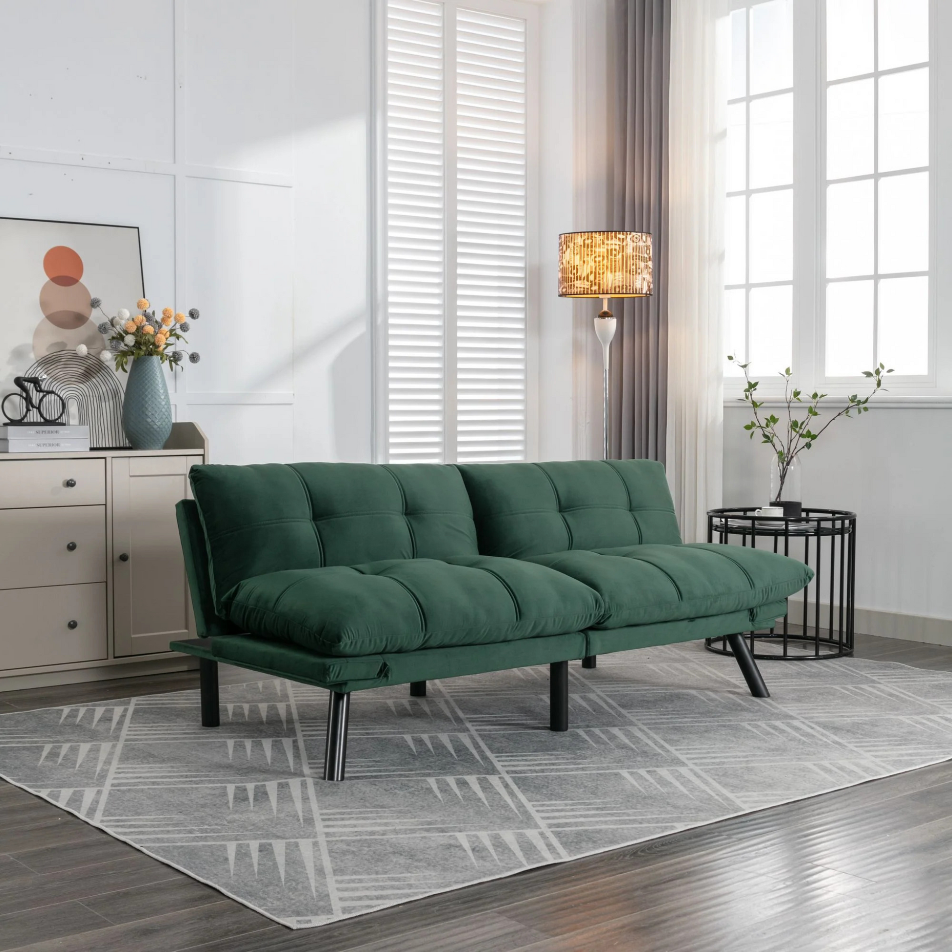 Retro folding backrest armless couch| Tufted Pillow backrest & seat cushions| Green velvet 