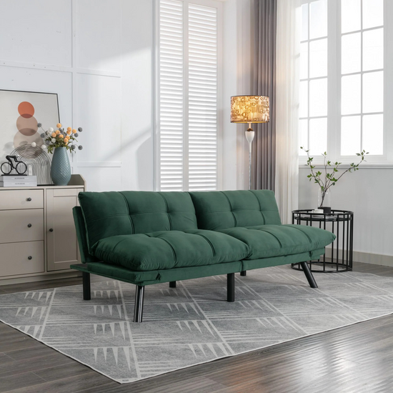 Retro folding backrest armless couch| Tufted Pillow backrest & seat cushions| Green velvet 