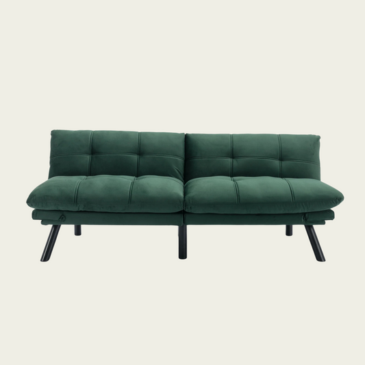 Retro folding backrest armless couch| Tufted Pillow backrest & seat cushions| Green velvet 