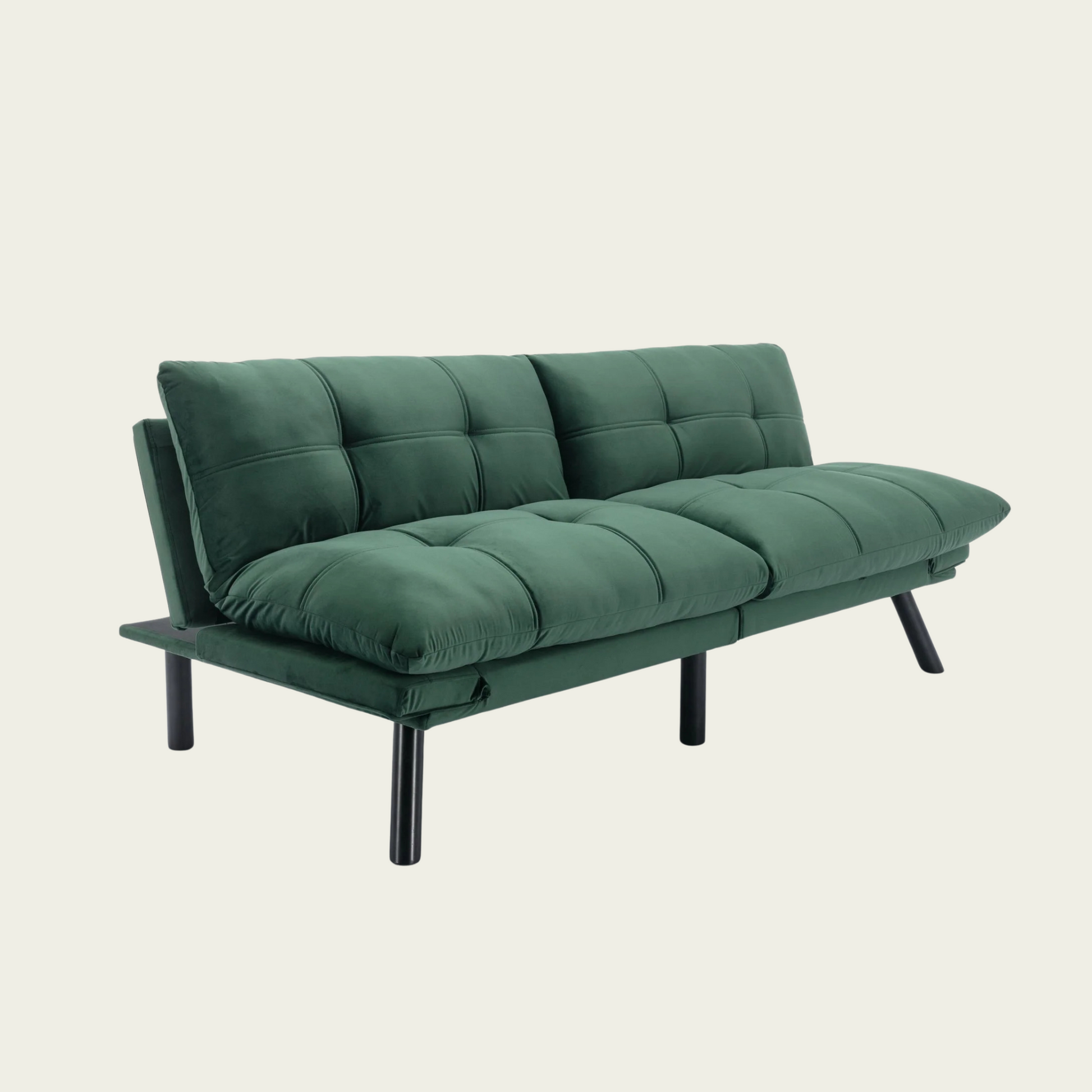 Retro folding backrest armless couch| Tufted Pillow backrest & seat cushions| Green velvet 
