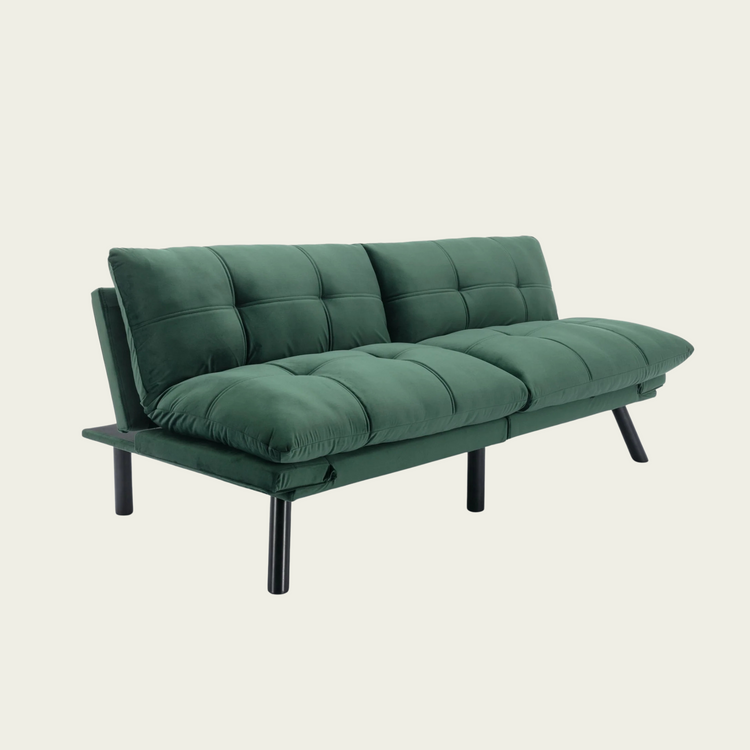 Retro folding backrest armless couch| Tufted Pillow backrest & seat cushions| Green velvet 