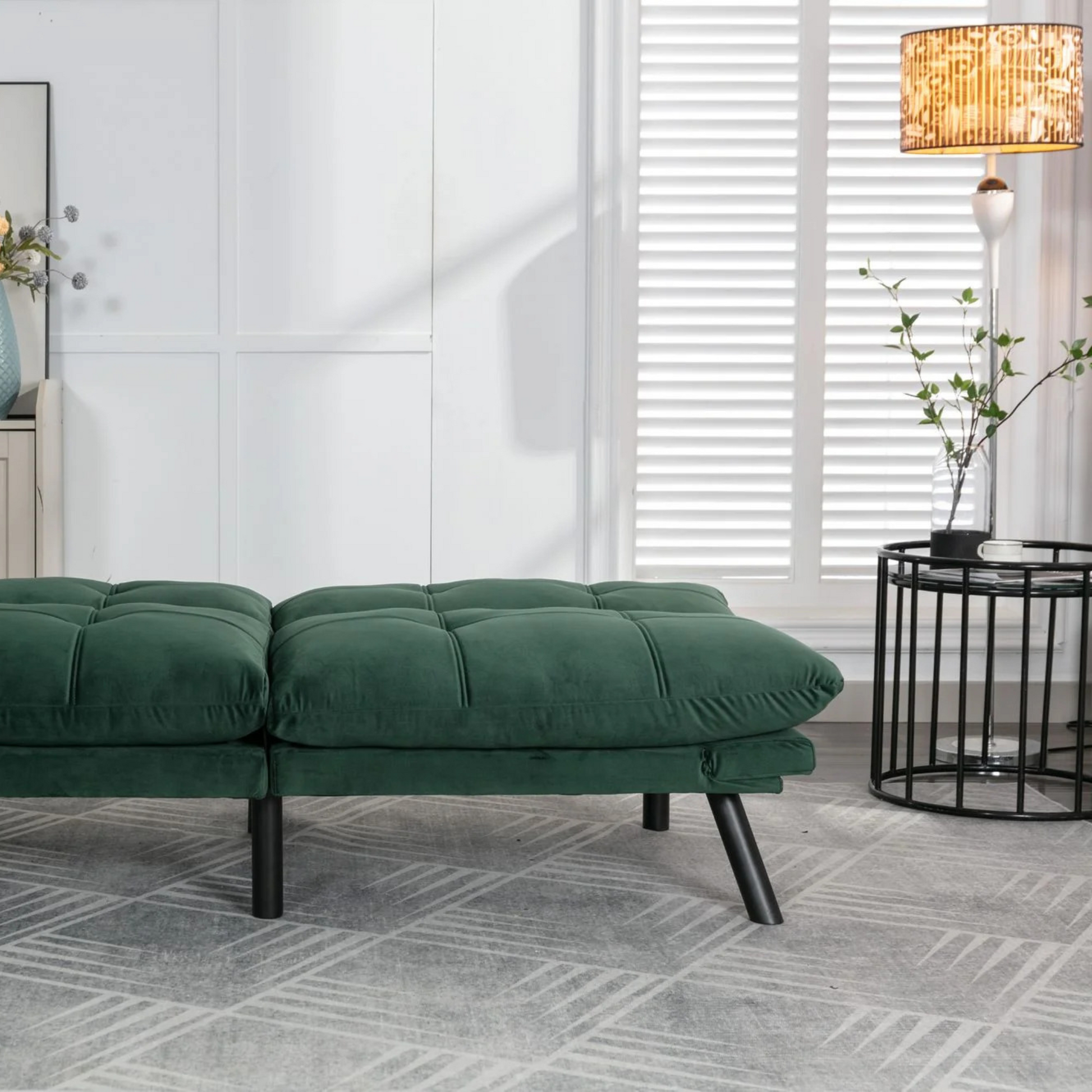 Retro folding backrest armless couch| Tufted Pillow backrest & seat cushions| Green velvet 