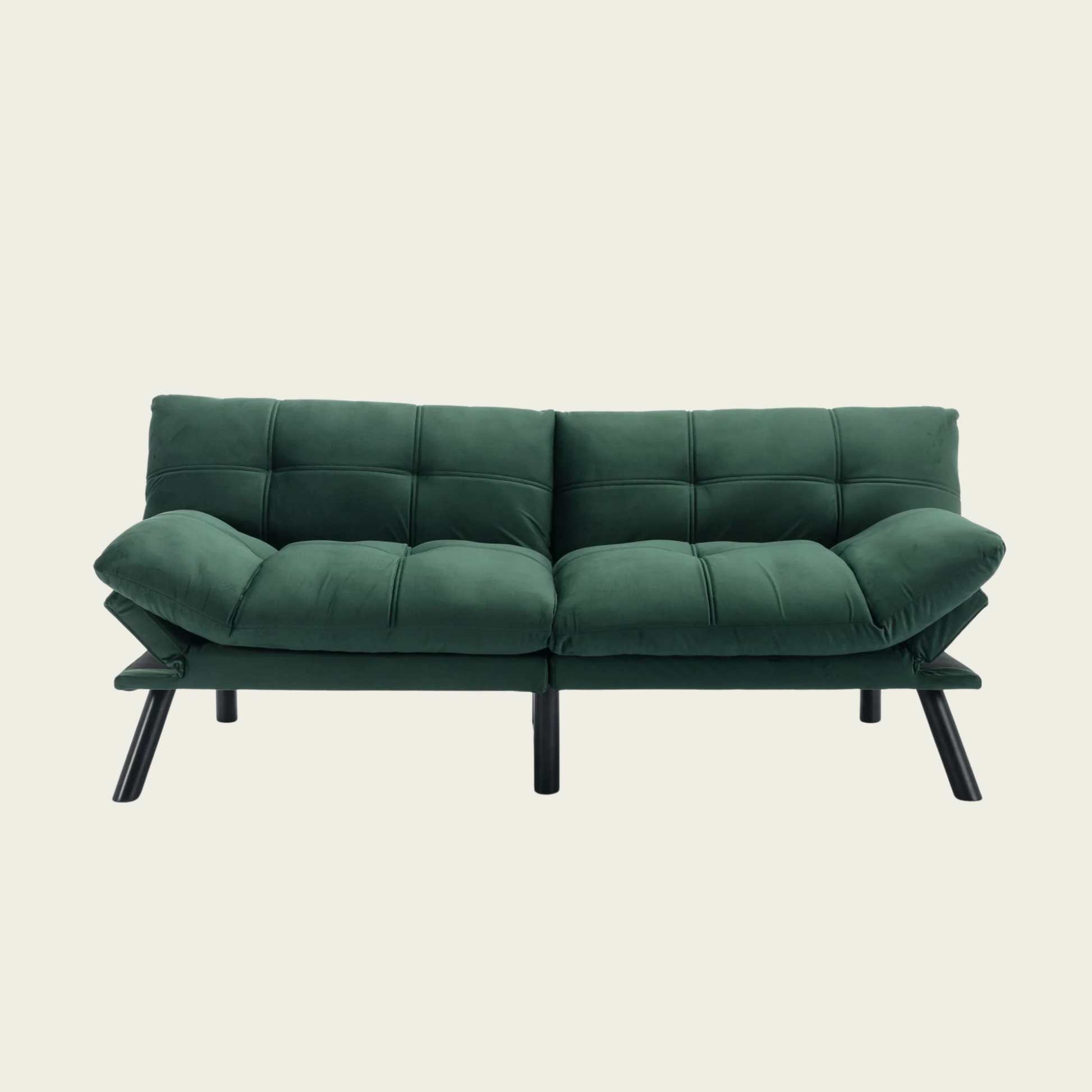 Emerald Convertible Folding Modern sofa Retro folding backrest armless couch| Tufted Pillow backrest & seat cushions| Green velvet 