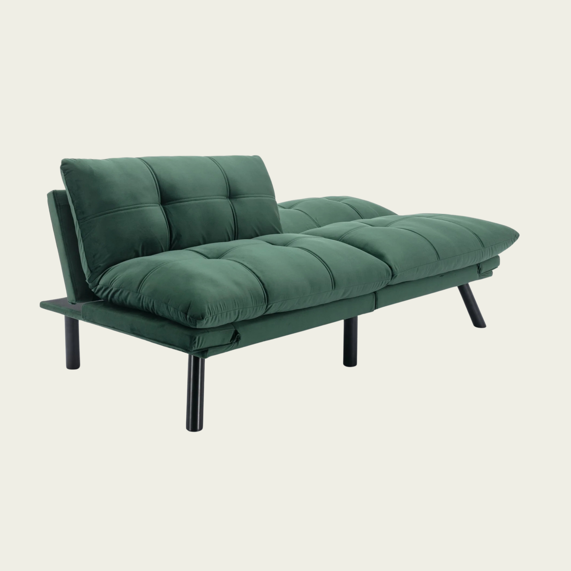Retro folding backrest armless couch| Tufted Pillow backrest & seat cushions| Green velvet 