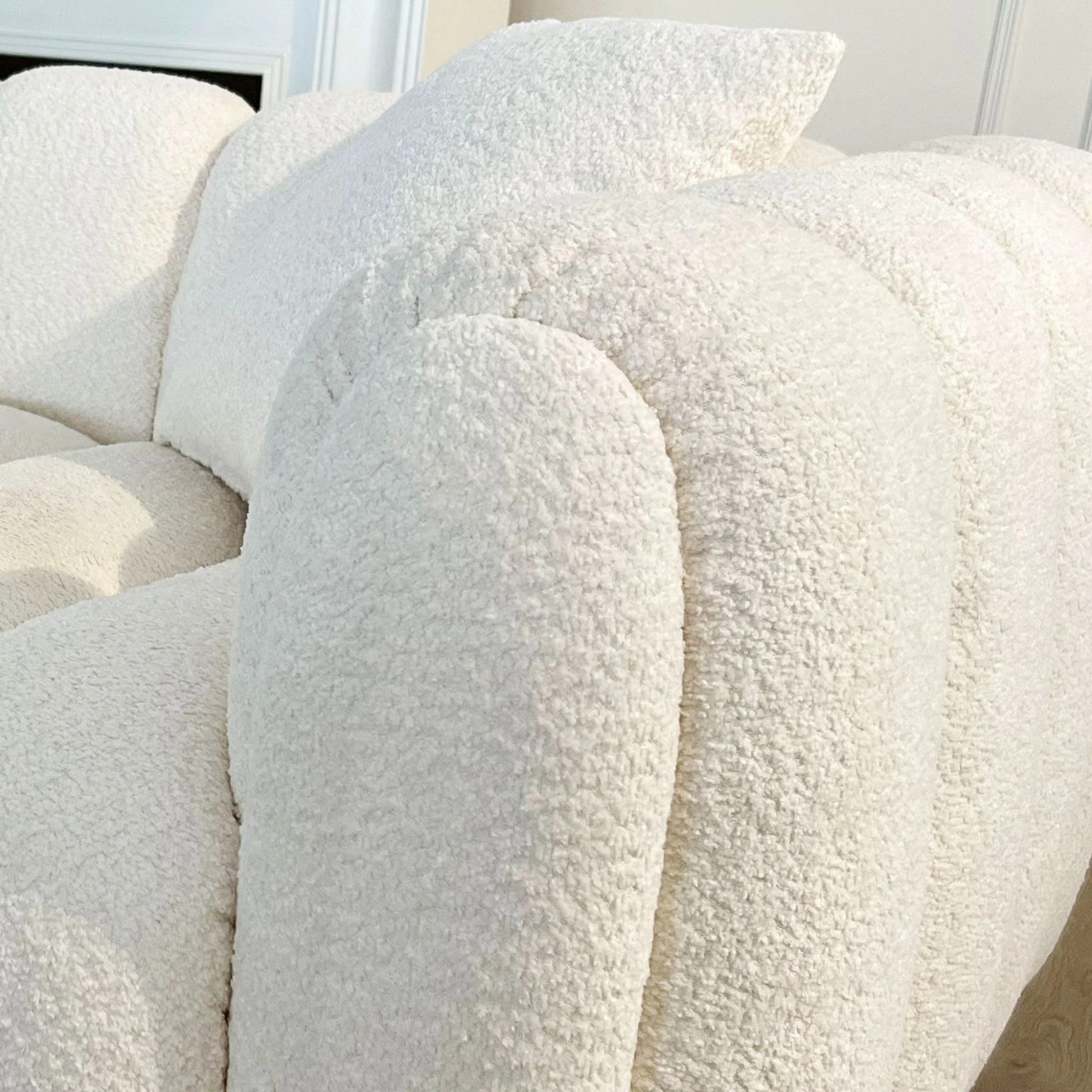 Retro marshmallow Sofa| White boucle | vertical channel tufting| round wood legs| 2 pillows includedBedroom,Apartment