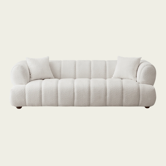 Retro marshmallow Sofa| White boucle | vertical channel tufting| round wood legs| 2 pillows included