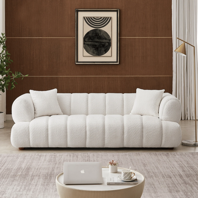 Retro marshmallow Sofa| White boucle | vertical channel tufting| round wood legs| 2 pillows included