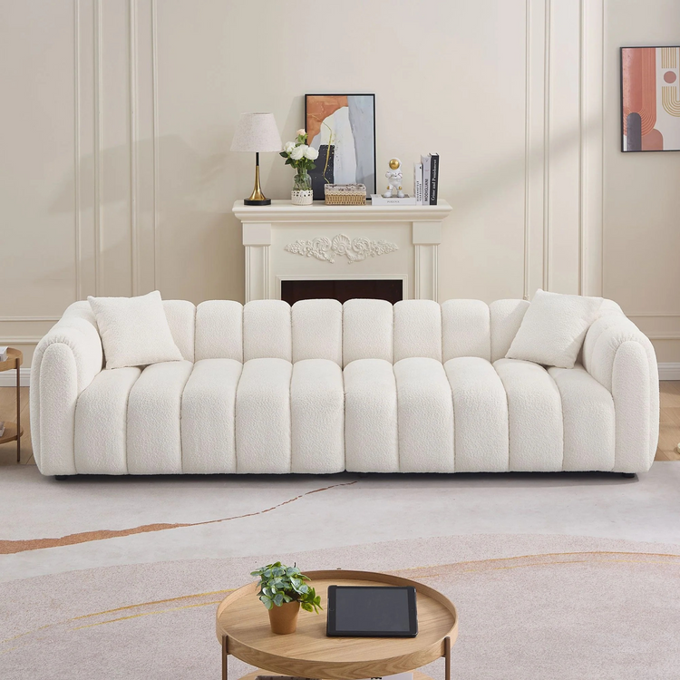 Retro marshmallow Sofa| White boucle | vertical channel tufting| round wood legs| 2 pillows includedBedroom,Apartment