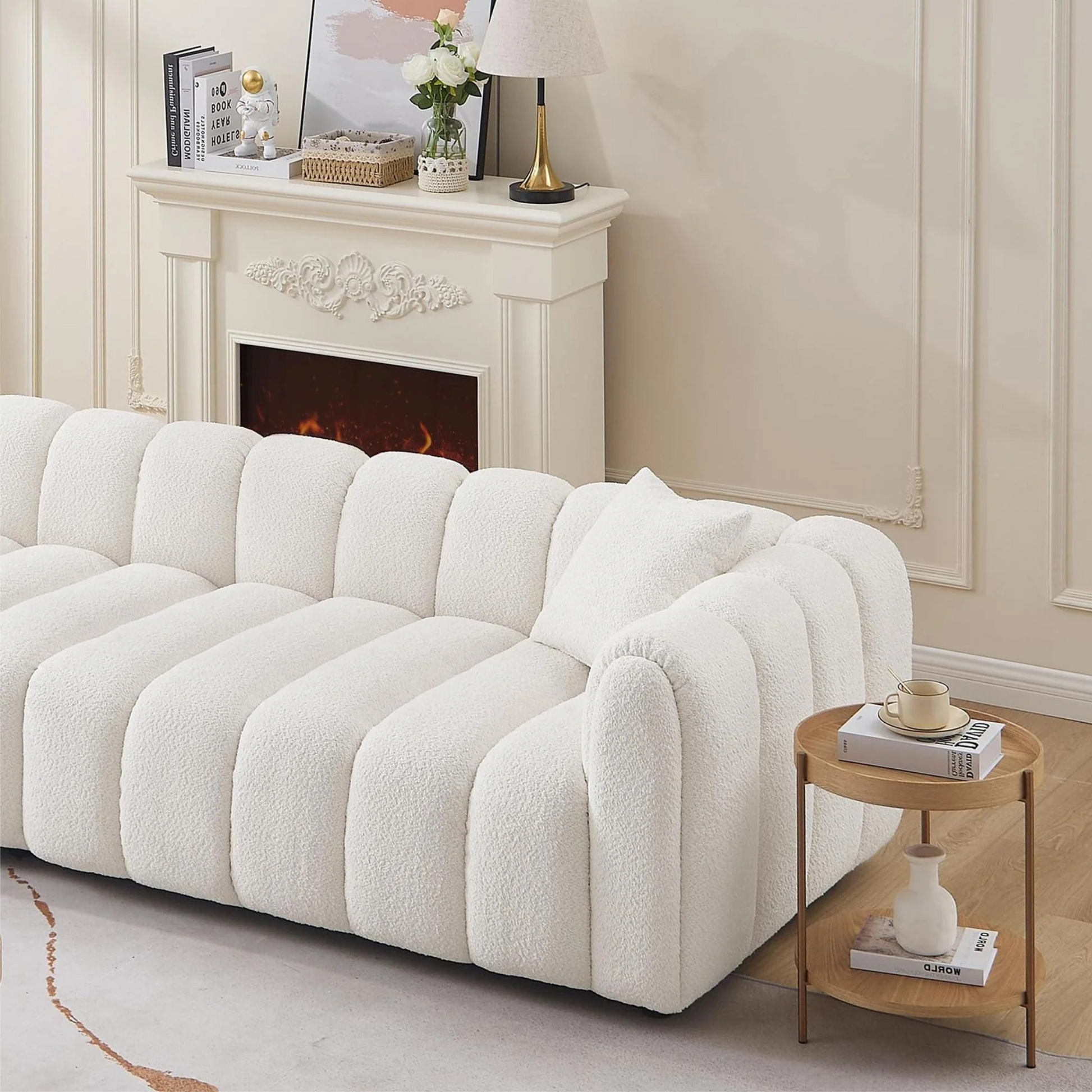 Retro marshmallow Sofa| White boucle | vertical channel tufting| round wood legs| 2 pillows includedBedroom,Apartment