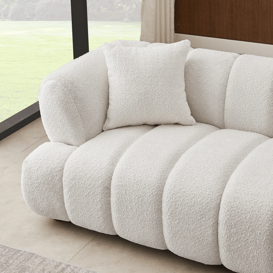 Retro marshmallow Sofa| White boucle | vertical channel tufting| round wood legs| 2 pillows included