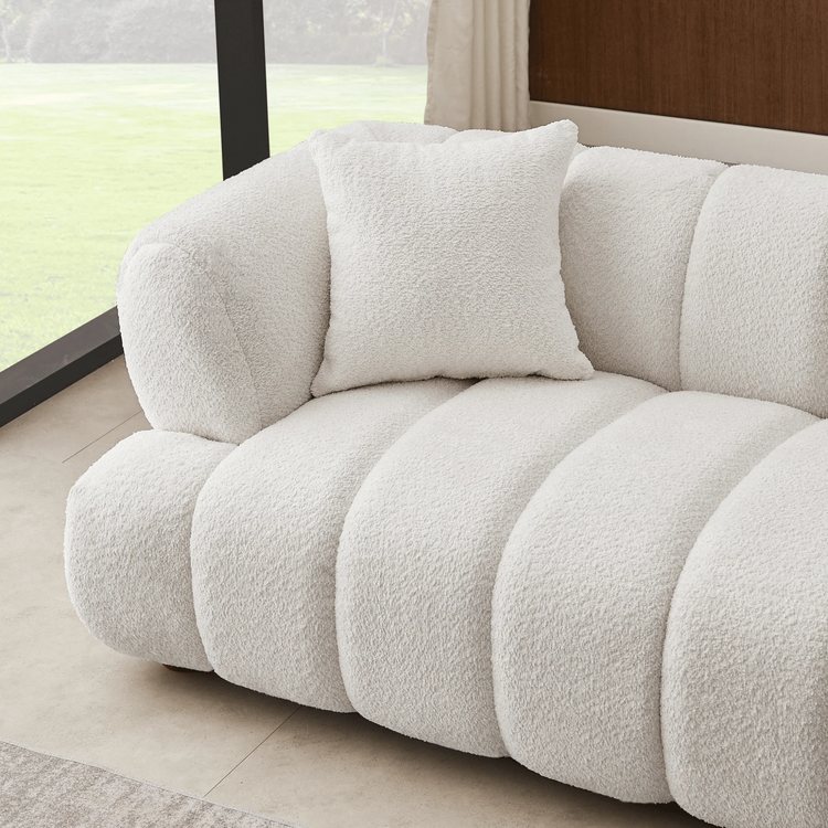Retro marshmallow Sofa| White boucle | vertical channel tufting| round wood legs| 2 pillows included