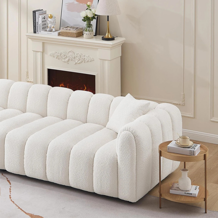 Retro marshmallow Sofa| White boucle | vertical channel tufting| round wood legs| 2 pillows includedBedroom,Apartment