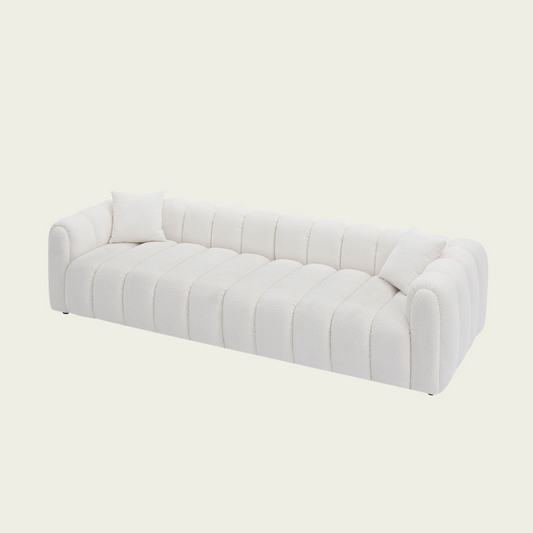 Retro marshmallow Sofa| White boucle | vertical channel tufting| round wood legs| 2 pillows includedBedroom,Apartment