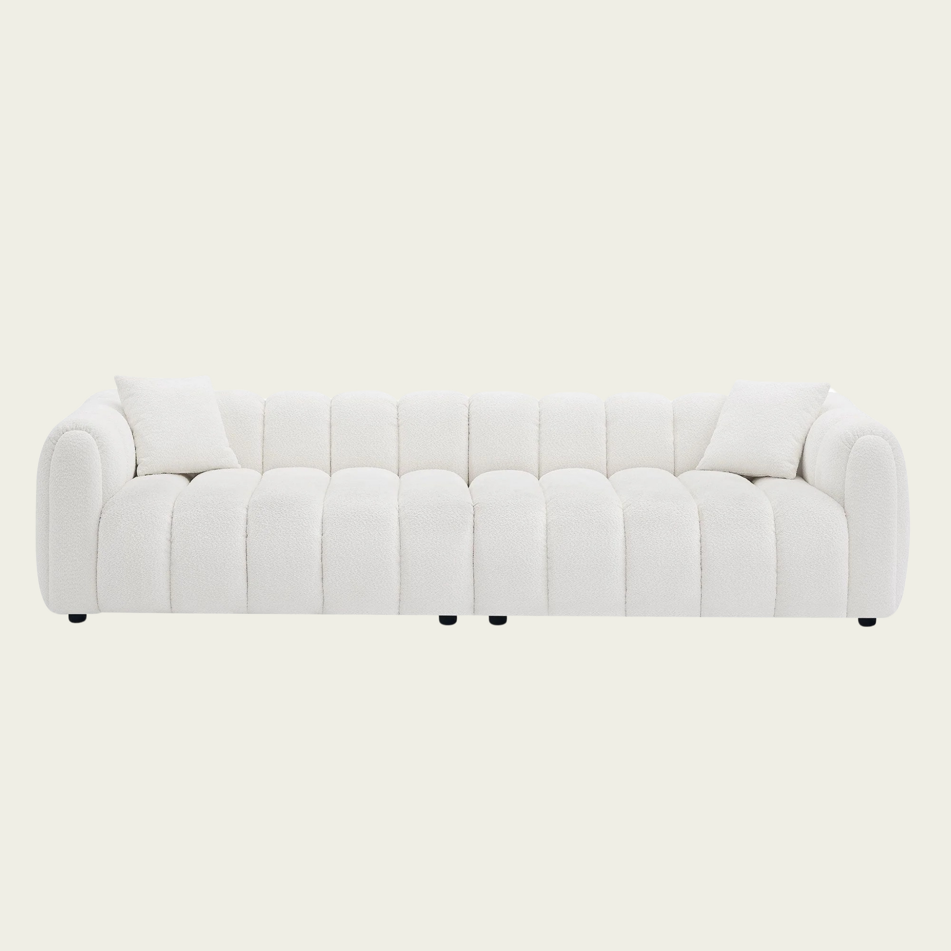 Retro marshmallow Sofa| White boucle | vertical channel tufting| round wood legs| 2 pillows includedBedroom,Apartment