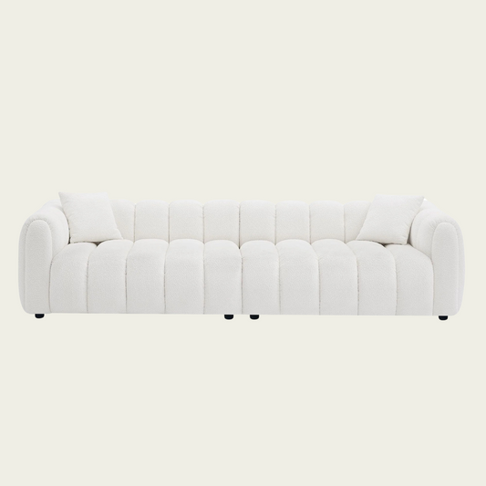 Retro marshmallow Sofa| White boucle | vertical channel tufting| round wood legs| 2 pillows includedBedroom,Apartment