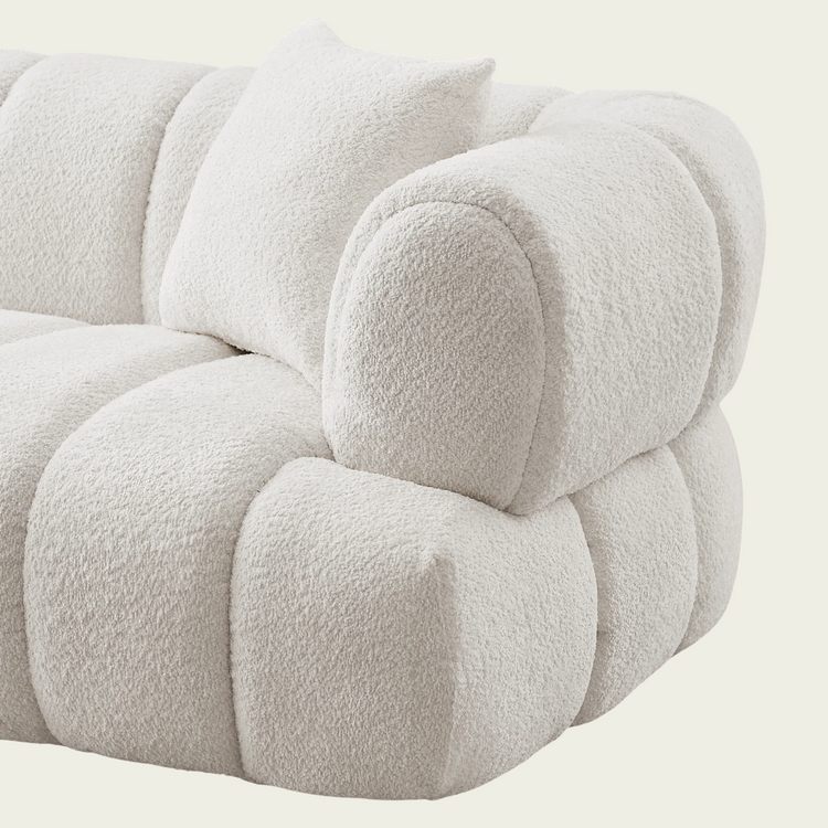 Retro marshmallow Sofa| White boucle | vertical channel tufting| round wood legs| 2 pillows included