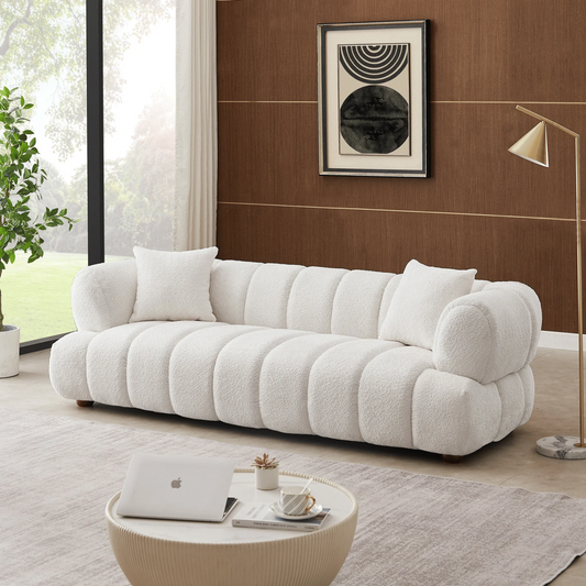 Retro marshmallow Sofa| White boucle | vertical channel tufting| round wood legs| 2 pillows included