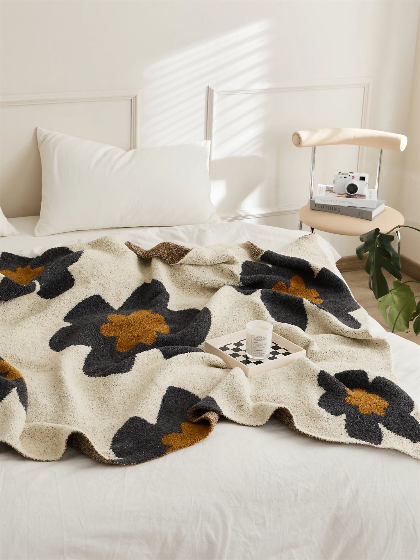 Soft Microfiber Throw Blanket -  Black Flowers