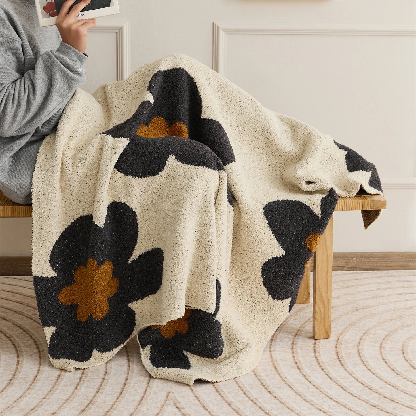 Soft Microfiber Throw Blanket -  Black Flowers