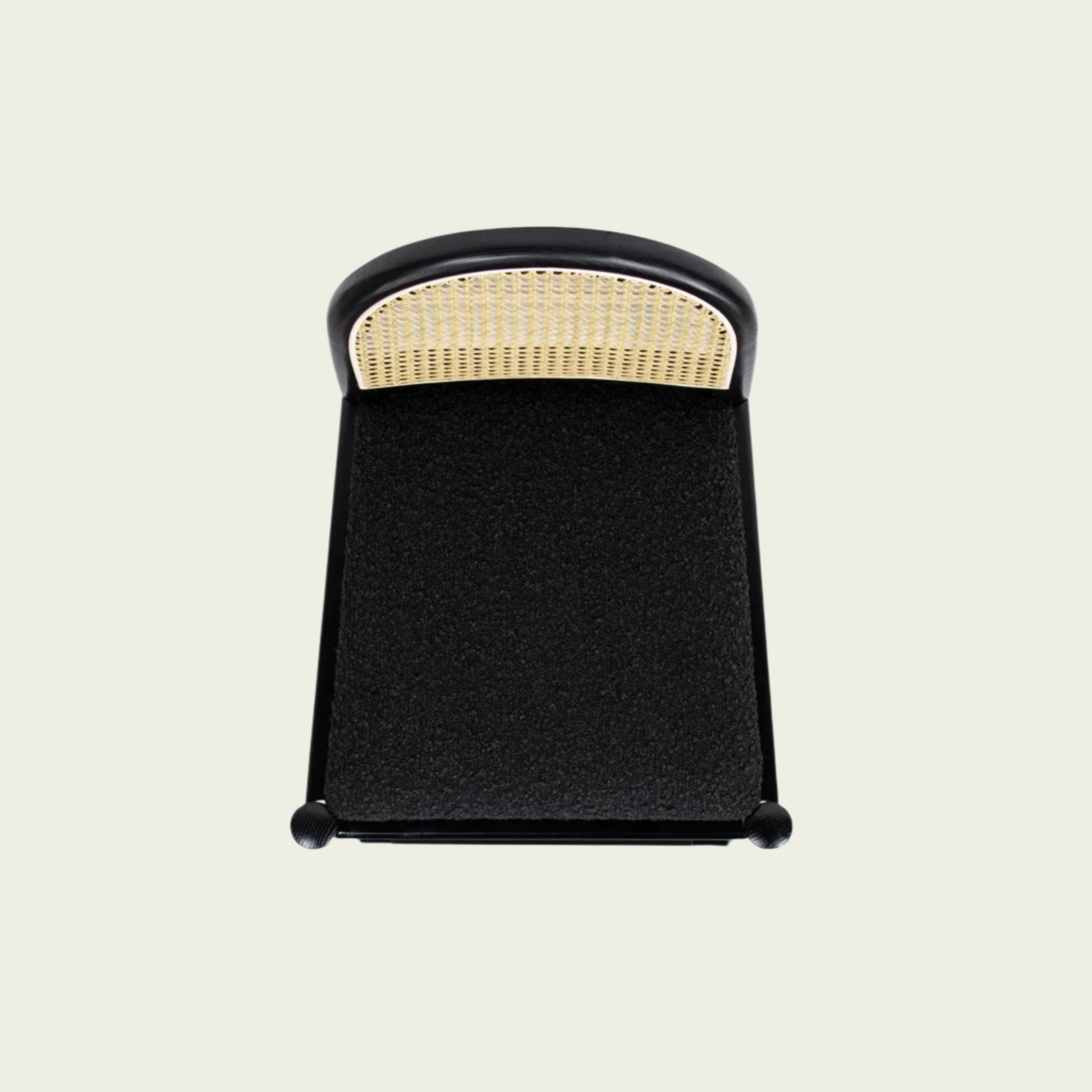 Set of 2  Bar Stools | Curved Cane Rattan Backrest | Black Boucle Seat | Black Wood Frame