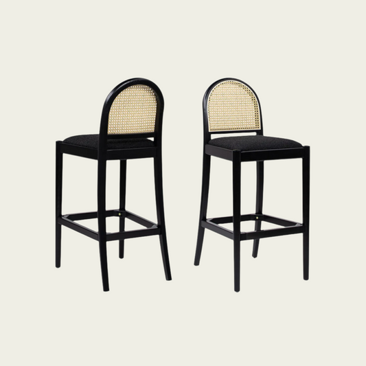 Set of 2  Bar Stools | Curved Cane Rattan Backrest | Black Boucle Seat | Black Wood Frame