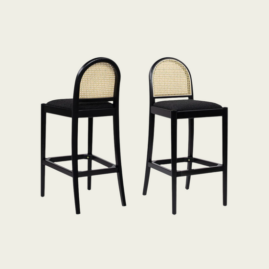 Set of 2  Bar Stools | Curved Cane Rattan Backrest | Black Boucle Seat | Black Wood Frame