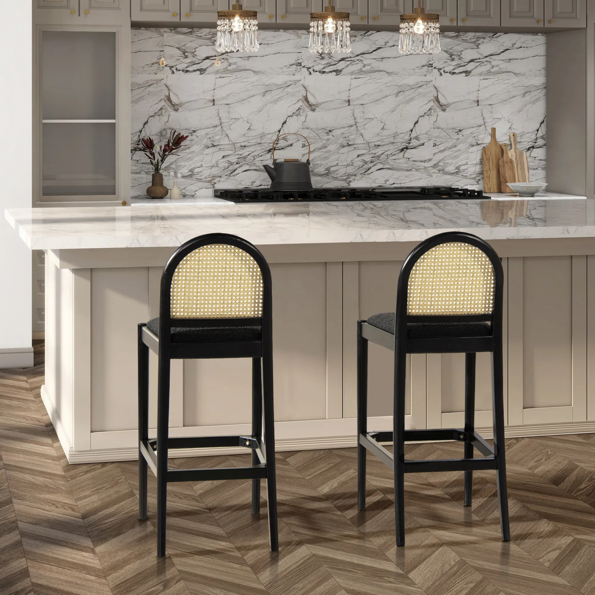 Set of 2  Bar Stools | Curved Cane Rattan Backrest | Black Boucle Seat | Black Wood Frame