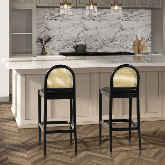 Set of 2  Bar Stools | Curved Cane Rattan Backrest | Black Boucle Seat | Black Wood Frame