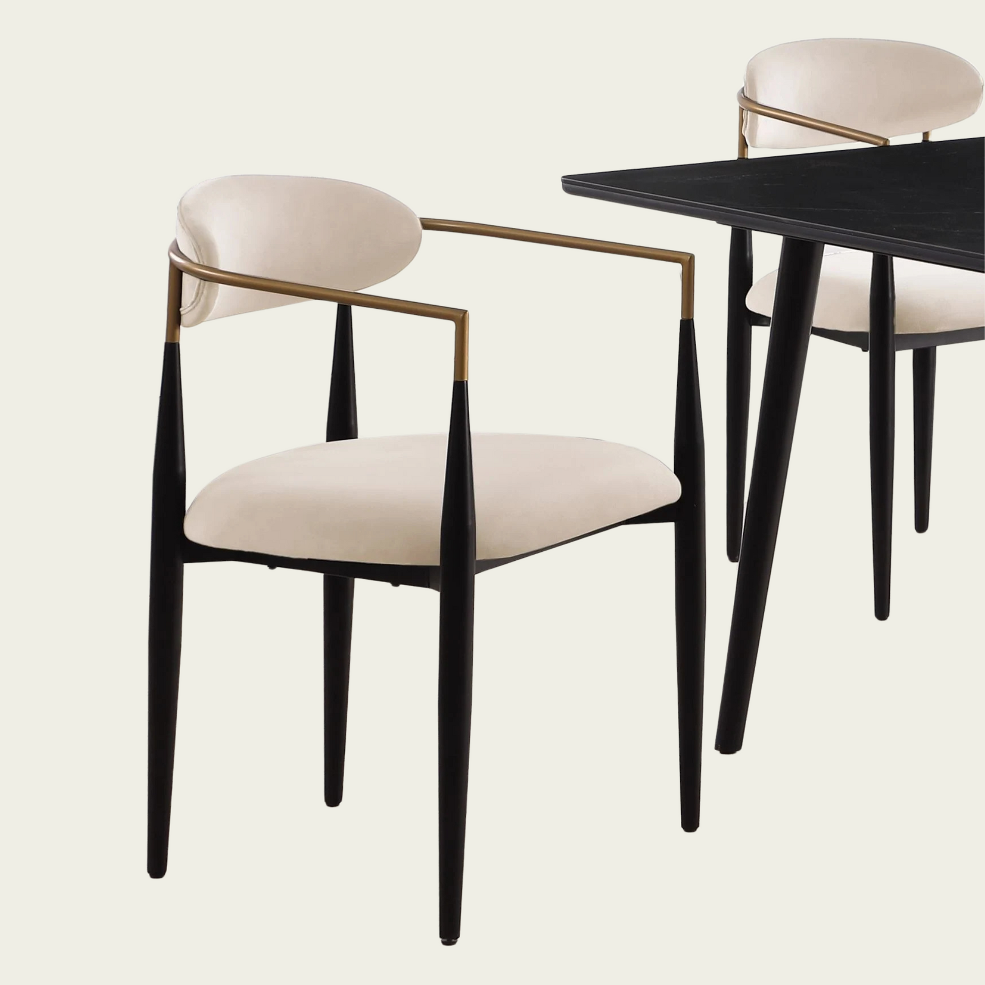 Set of 2 Mid-century modern backrest chairs | needle metal  frame gold armrest & beige fabric upholstery 77
