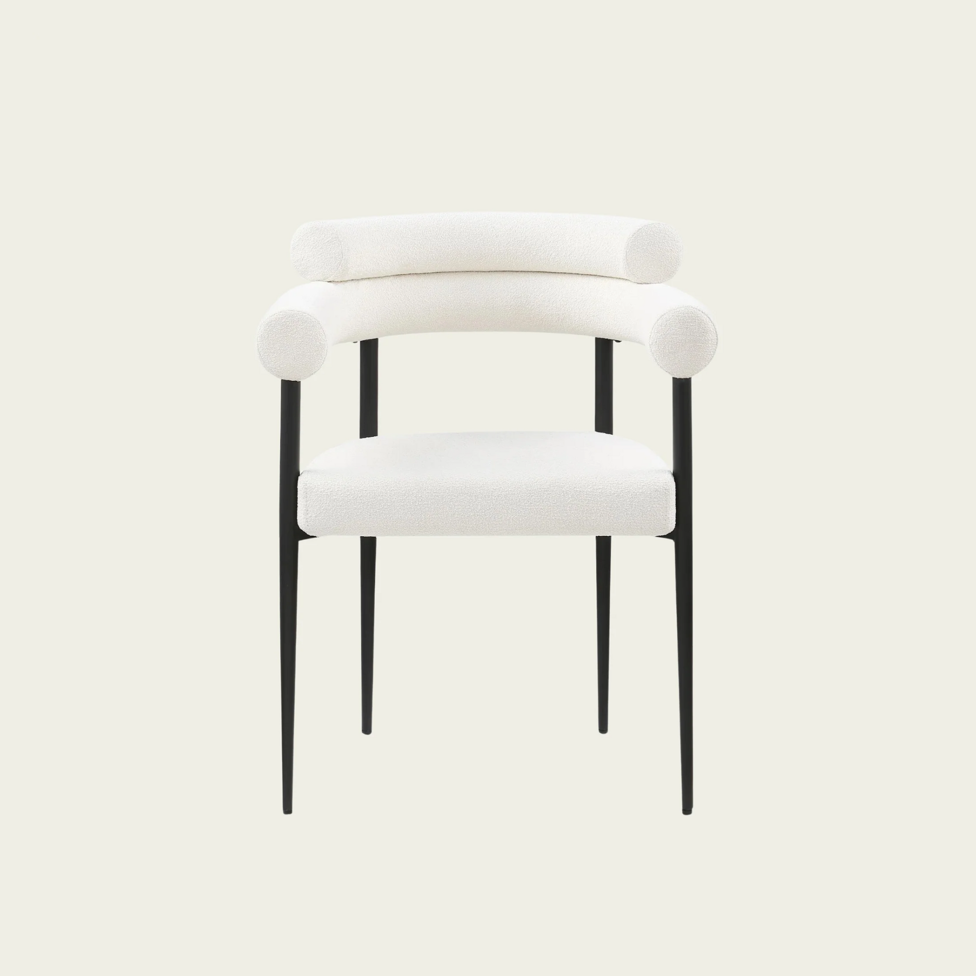 Set of 2 Mid-century modern backrest chairs | needle metal framecurved backrest  & White Boucle upholstery cushions and armrest   00
