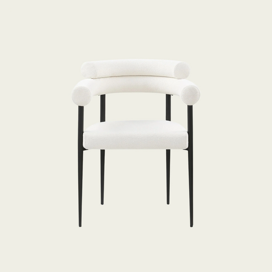 Set of 2 Mid-century modern backrest chairs | needle metal framecurved backrest  & White Boucle upholstery cushions and armrest   00