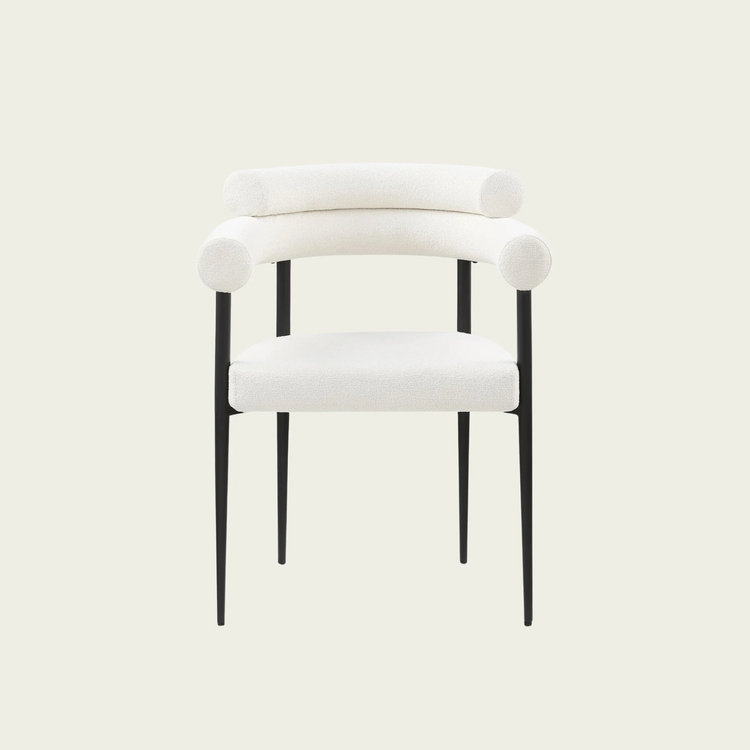 Set of 2 Mid-century modern backrest chairs | needle metal framecurved backrest  & White Boucle upholstery cushions and armrest   00