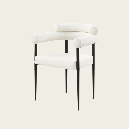 Set of 2 Mid-century modern backrest chairs | needle metal framecurved backrest  & White Boucle upholstery cushions and armrest   11