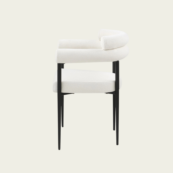 Set of 2 Mid-century modern backrest chairs | needle metal framecurved backrest  & White Boucle upholstery cushions and armrest   55