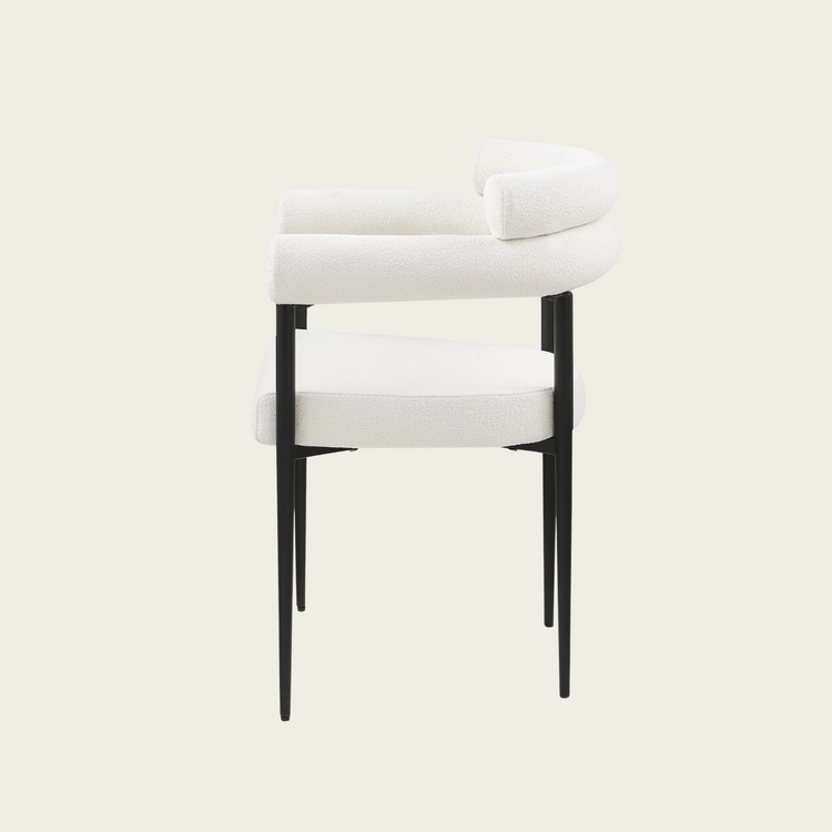 Set of 2 Mid-century modern backrest chairs | needle metal framecurved backrest  & White Boucle upholstery cushions and armrest   55