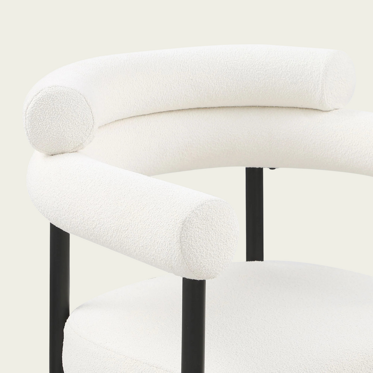 Set of 2 Mid-century modern backrest chairs | needle metal framecurved backrest  & White Boucle upholstery cushions and armrest   77