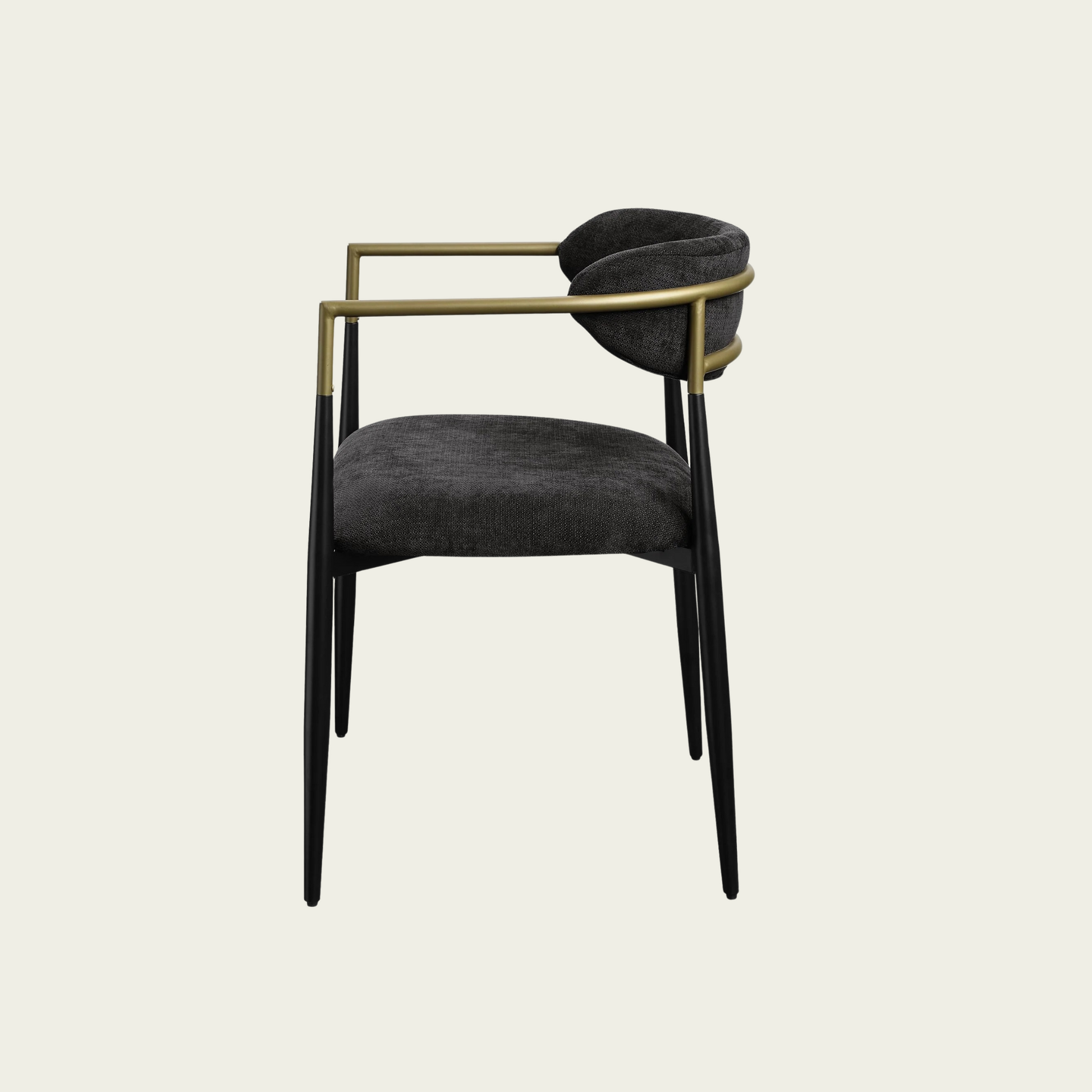 Set of 2 Mid-century modern backrest chairs | needle metal framegold armrest  & black chenille upholstery 33