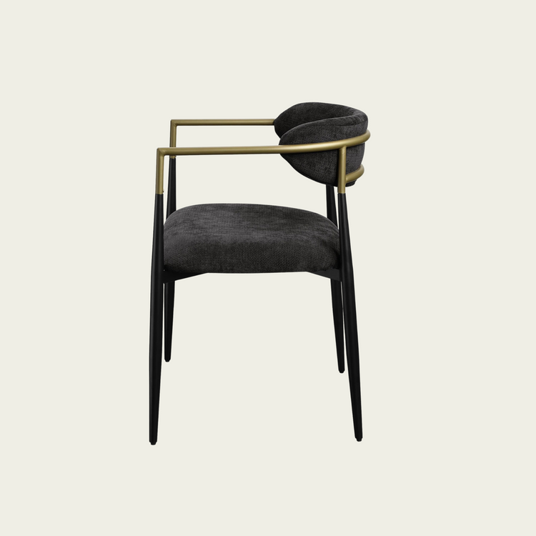Set of 2 Mid-century modern backrest chairs | needle metal framegold armrest  & black chenille upholstery 33