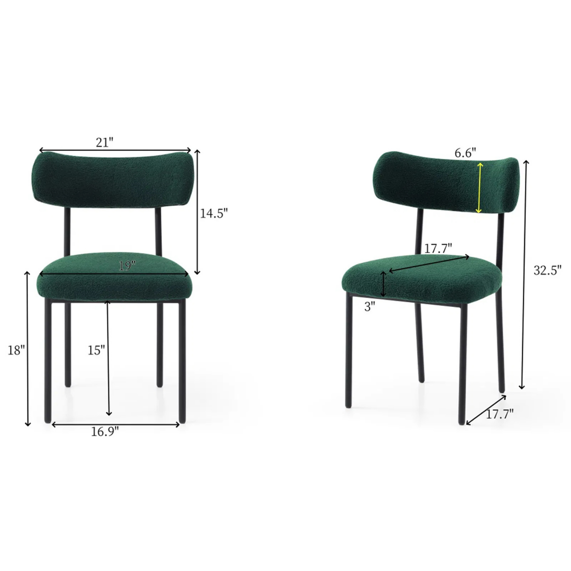 Set of 2 Mid-century modern green sherpa chairs | curved backrest round seating & black metal legs
