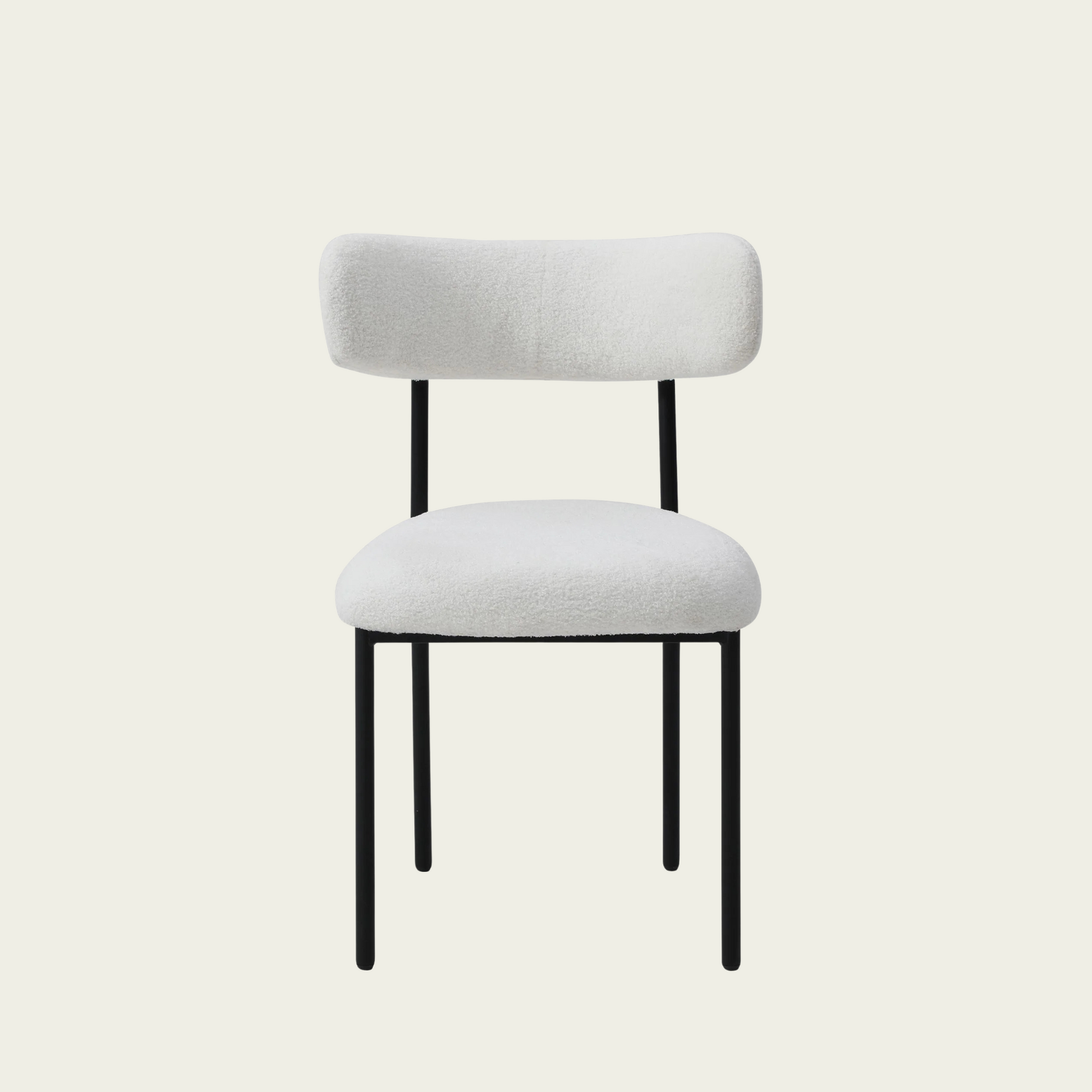 Set of 2 Mid-century modern white sherpa chairs | curved backrest round seating & black metal legs