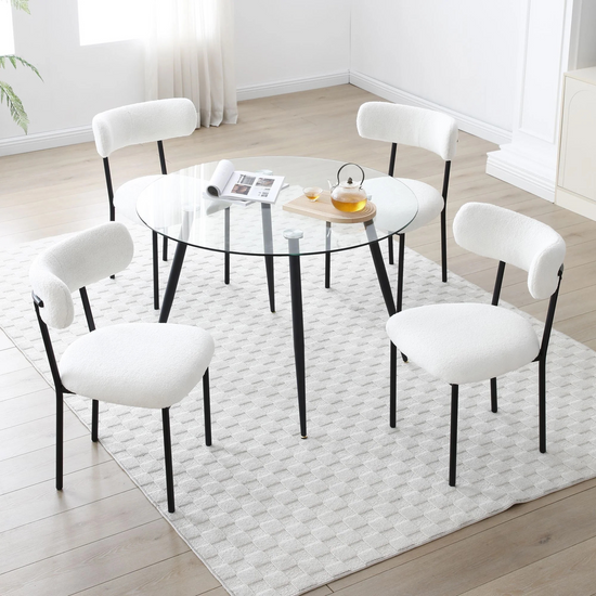 Set of 2 Mid-century modern white sherpa chairs | curved backrest round seating & black metal legs2