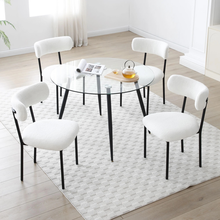 Set of 2 Mid-century modern white sherpa chairs | curved backrest round seating & black metal legs2