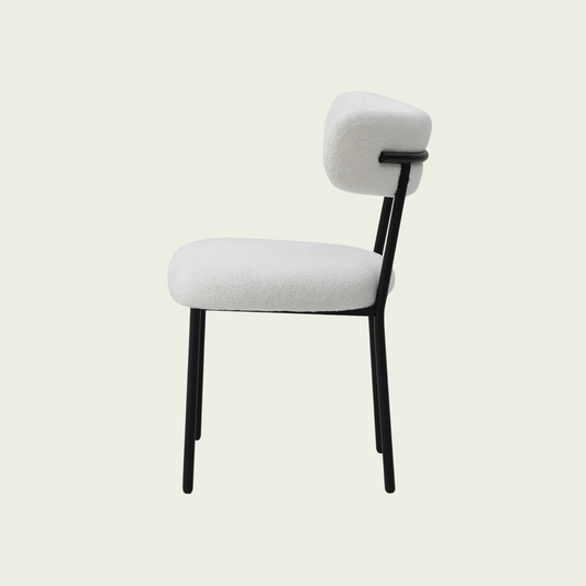 Set of 2 Mid-century modern white sherpa chairs | curved backrest round seating & black metal legs