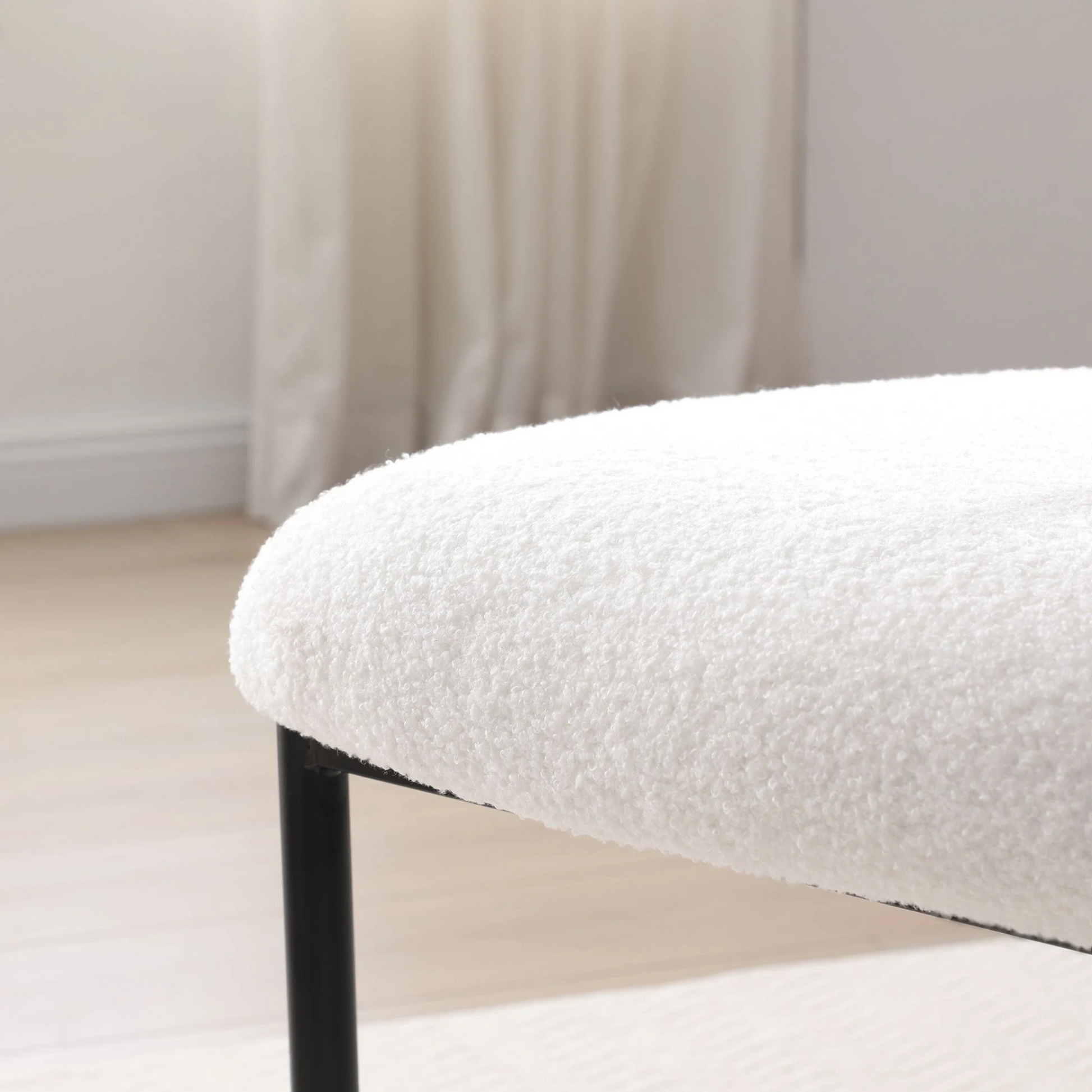 Set of 2 Mid-century modern white sherpa chairs | curved backrest round seating & black metal legs