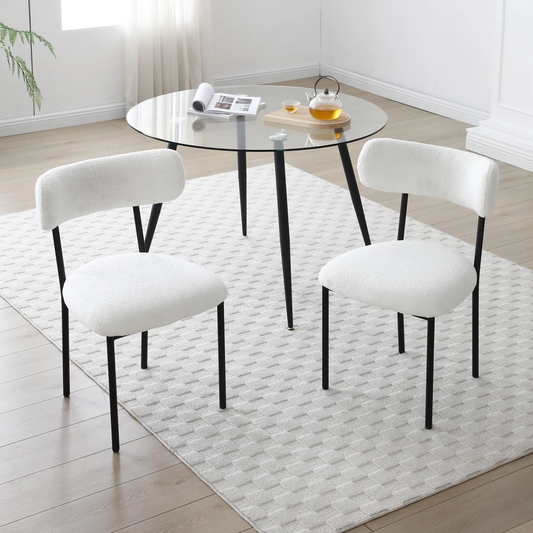 Set of 2 Mid-century modern white sherpa chairs | curved backrest round seating & black metal legs