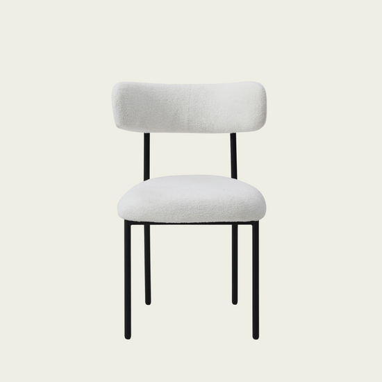 Set of 2 Mid-century modern white sherpa chairs | curved backrest round seating & black metal legs