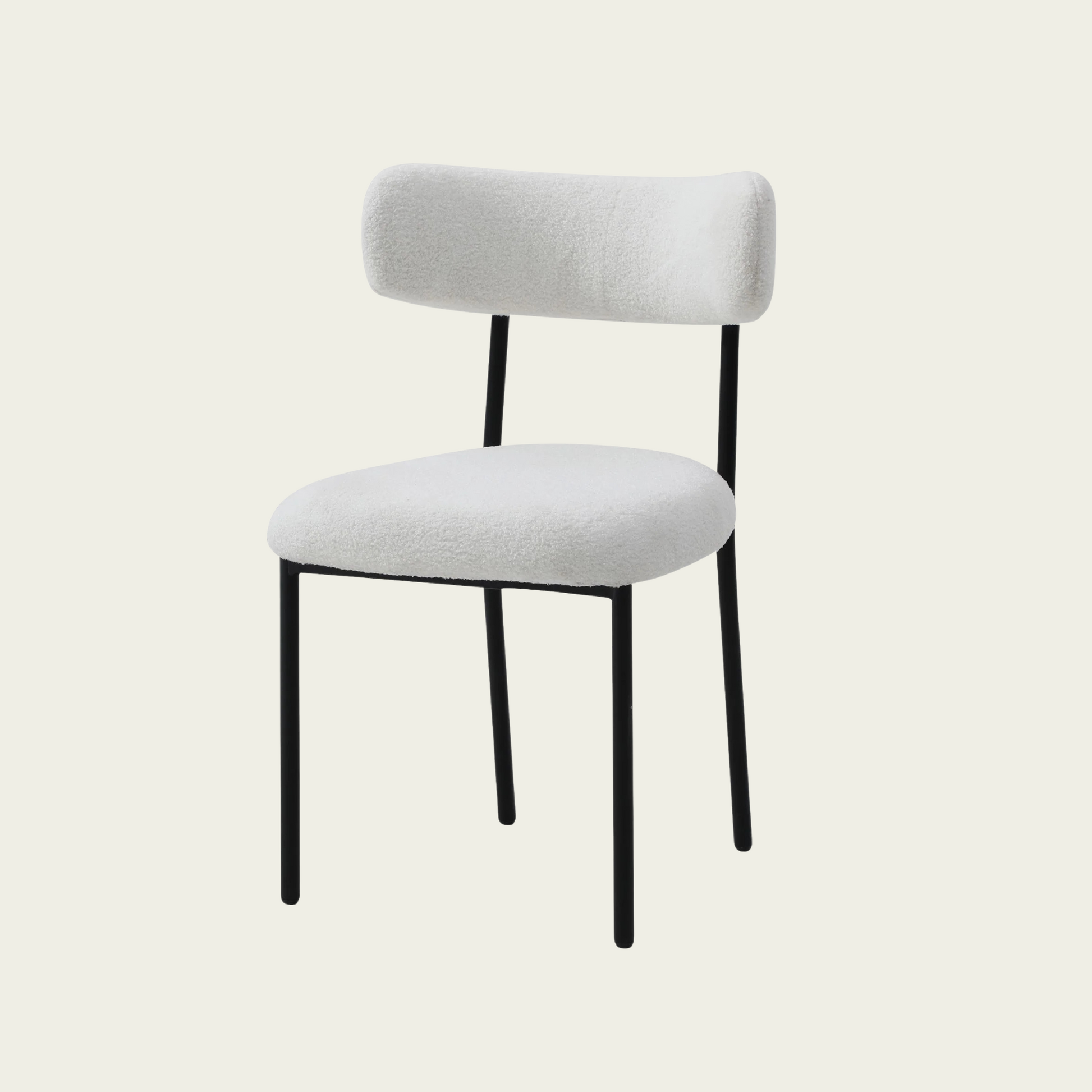 Set of 2 Mid-century modern white sherpa chairs | curved backrest round seating & black metal legs