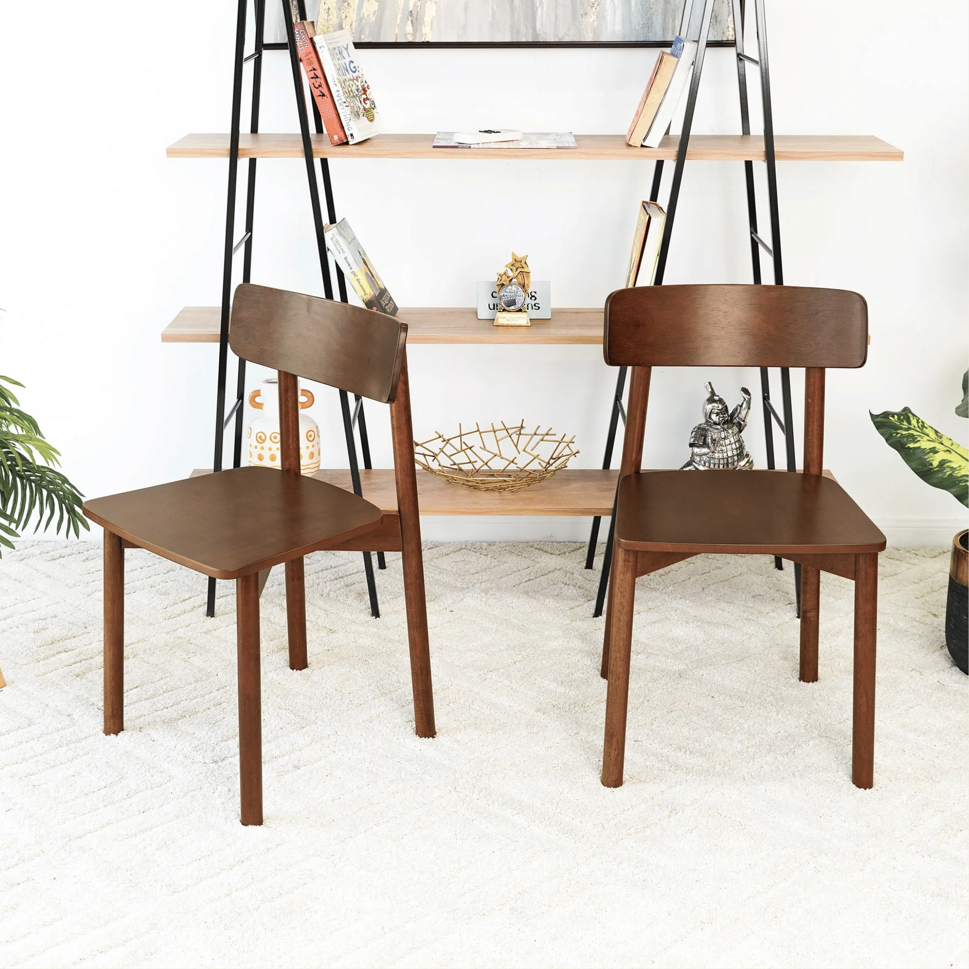Set of 2 Mid century Modern open back square seat chairs | Brown wallnut wood frame 