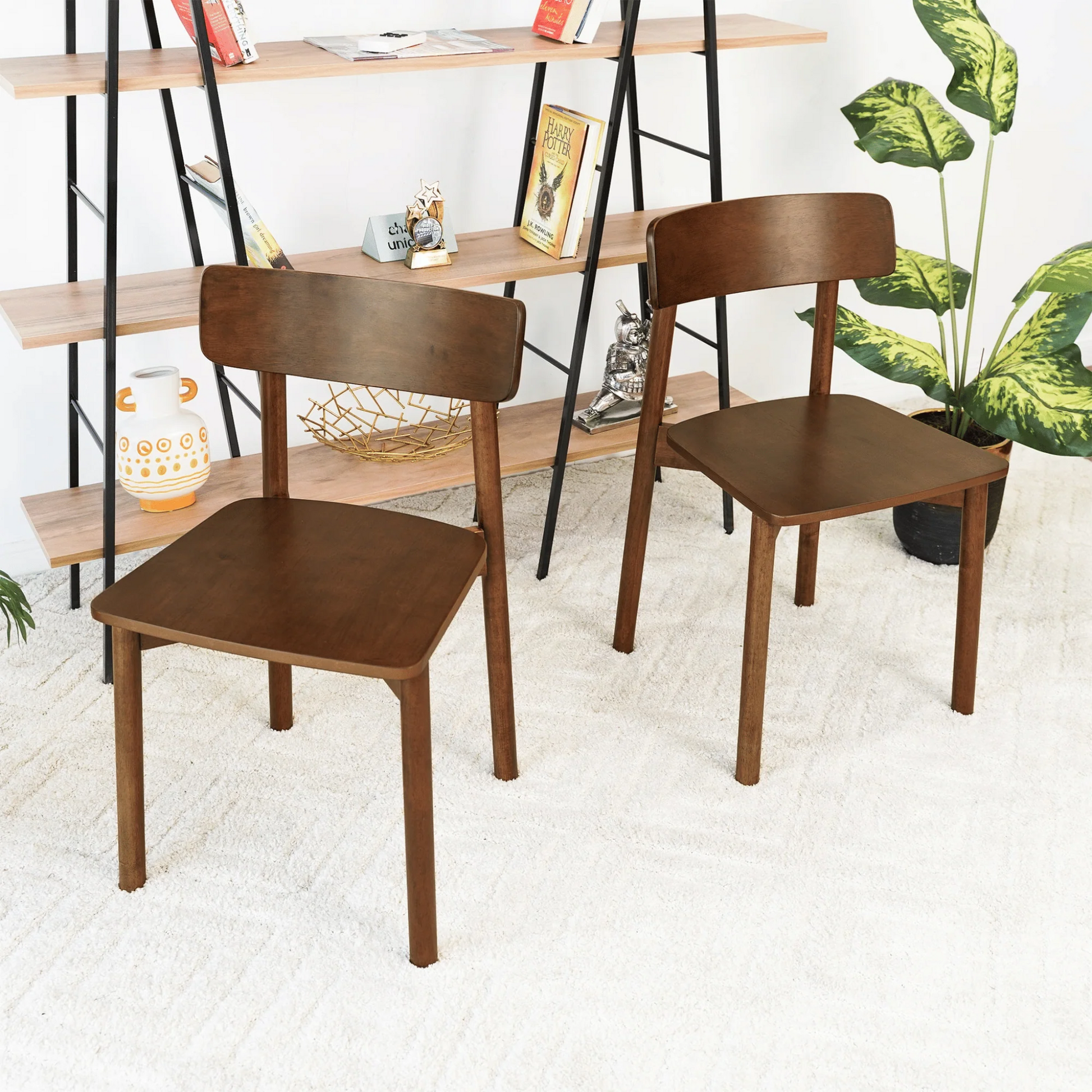 Set of 2 Mid century Modern open back square seat chairs | Brown wallnut wood frame 